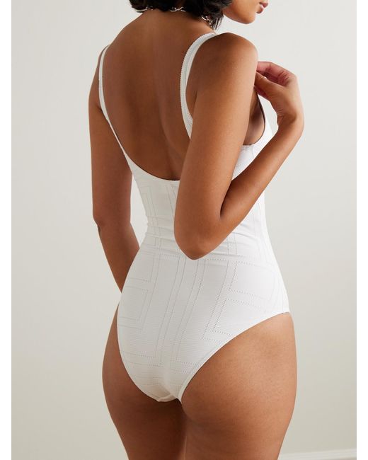 Totême White Ribbed Pointelle-Knit Recycled Swimsuit