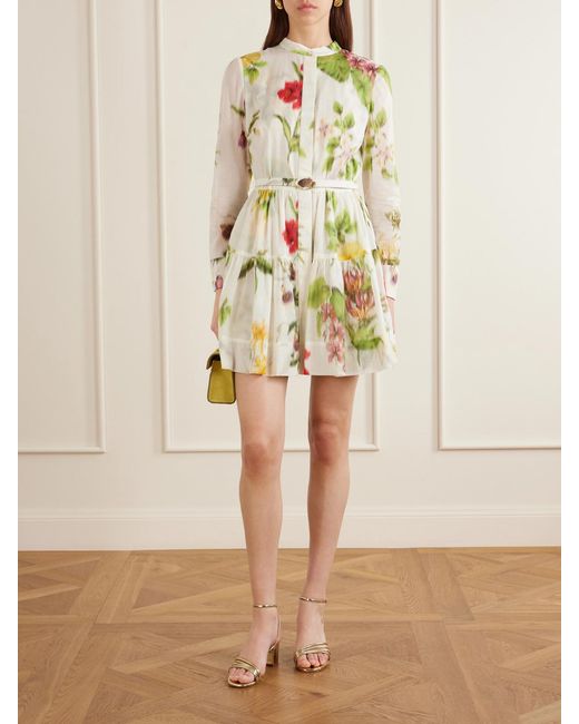 Oscar de la Renta White Belted Floral-Print Cotton-Voile Mini Dress