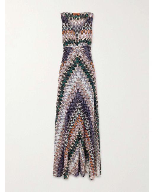 Missoni White Gathered Striped Metallic Crochet-Knit Maxi Dress