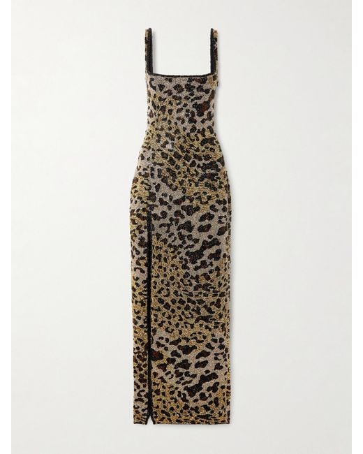 Clio Peppiatt Metallic Eartha Embellished Leopard-Print Stretch-Mesh Gown