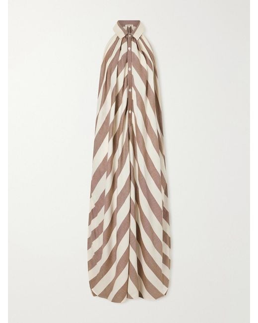 Marrakshi Life Natural Striped Cotton-Poplin Halterneck Maxi Dress