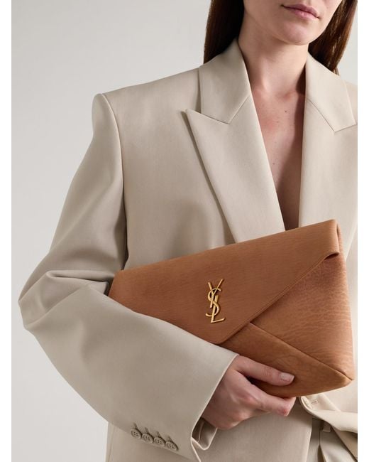 Saint Laurent Brown Cassandre Large Textured-Nubuck Clutch