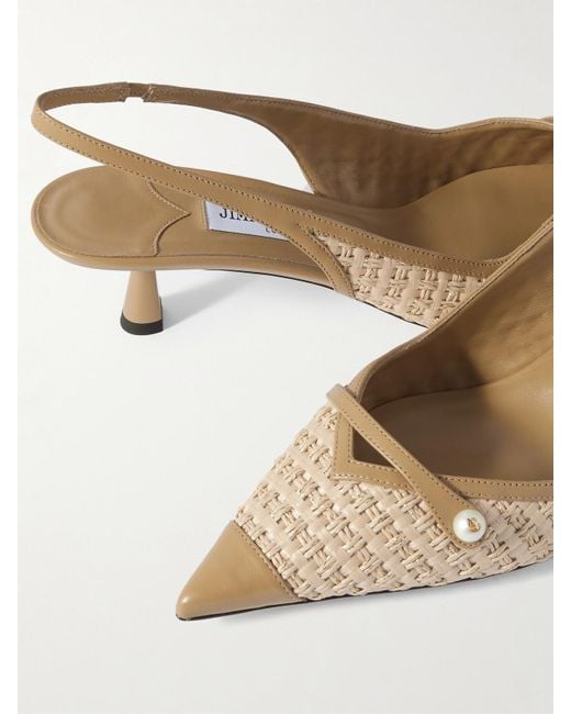 Jimmy Choo Natural Amita 45 Faux Pearl-Embellished Leather-Trimmed Raffia Slingback Pumps