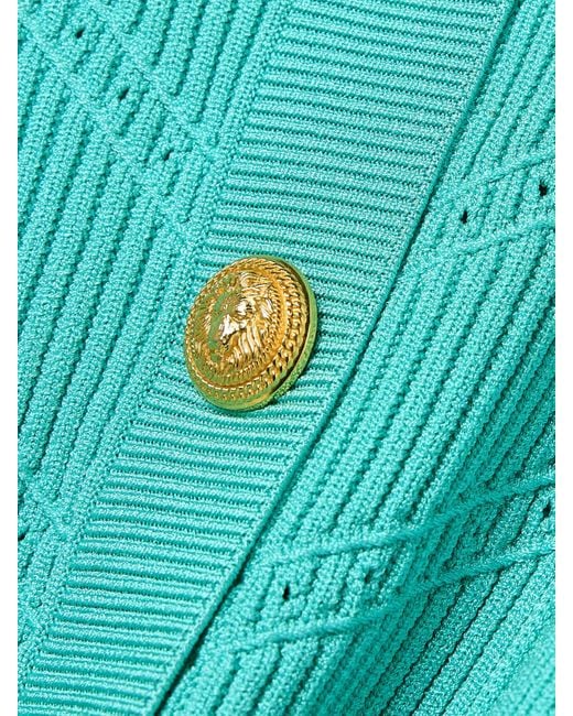 Balmain Blue Button-Embellished Ribbed Pointelle-Knit Cardigan