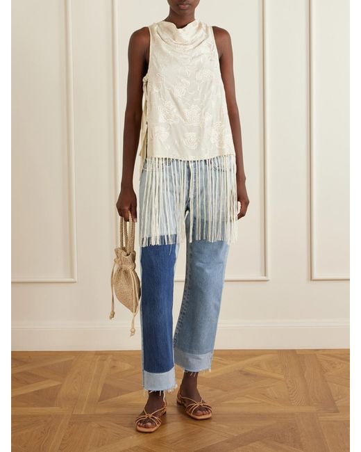 Sea White Priscilla Floral-Embroidered Fringed Crepe Vest