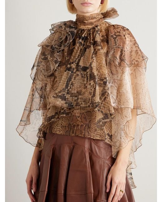 Zimmermann Natural Ruffled Layered Snake-Print Silk-Chiffon Blouse