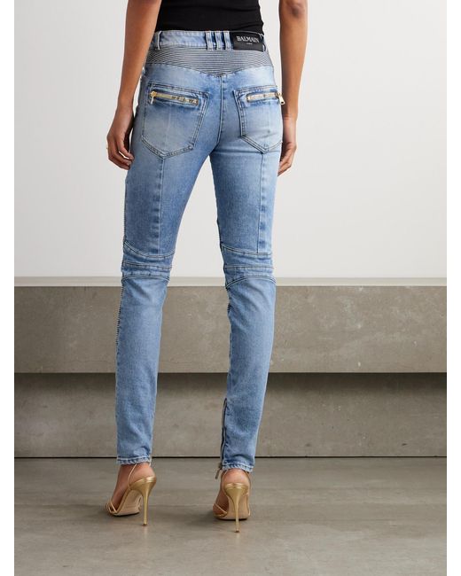 Balmain Blue Embellished Paneled High-Rise Skinny Jeans