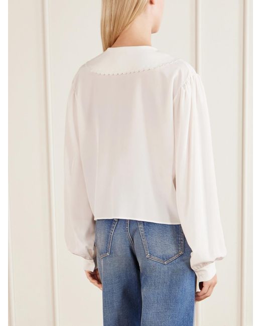 Chloé White Cropped Silk-Crepe De Chine Blouse