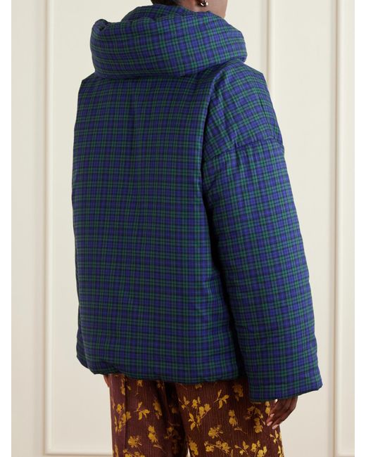 Dries Van Noten Blue Hooded Checked Padded Cotton-Flannel Jacket