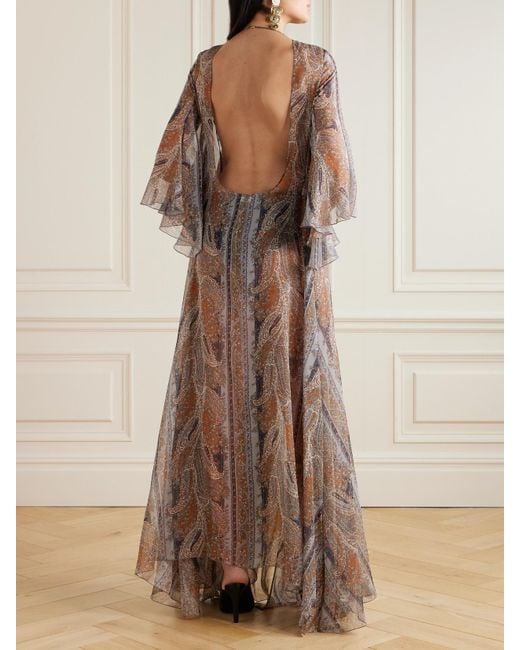 Robe Longue Dos Ouvert En Georgette De Soie À Imprimé Cachemire Saint Laurent en coloris Brown