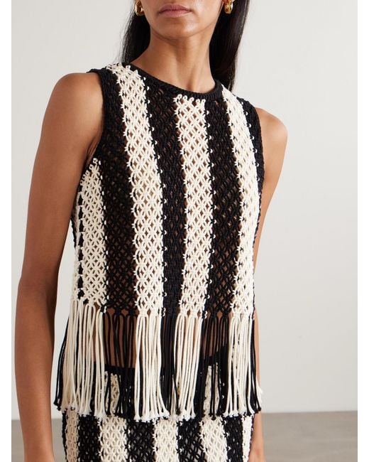 Zimmermann Black Wanderlust Fringed Striped Macramé Cotton Top