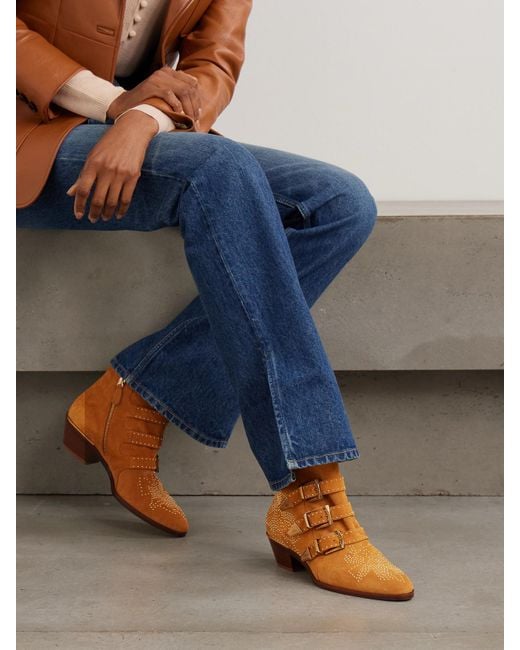 Chloé Brown Susan Ankle Boots Aus Veloursleder Mit Nieten Und Schnallen