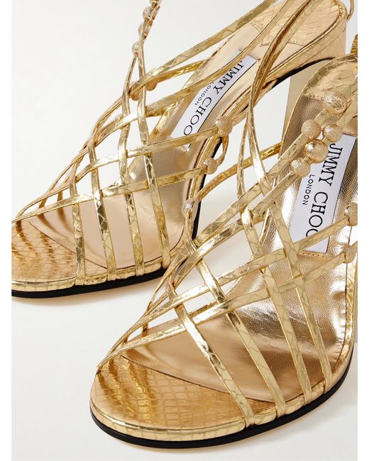 Jimmy Choo Natural Felice 95 Embellished Metallic Snake-Effect Leather Sandals