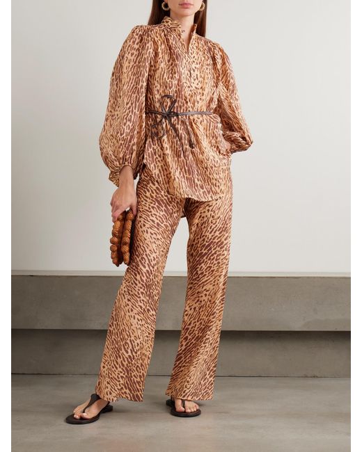 Zimmermann Natural Cascadian Tunika Aus Baumwoll-Voile Mit Leopardenprint Und Bindegürtel