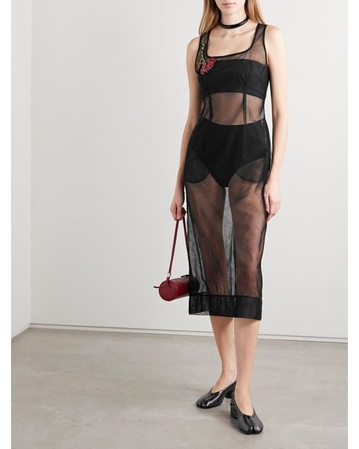 Simone Rocha Black Crystal-Embellished Mesh Midi Dress