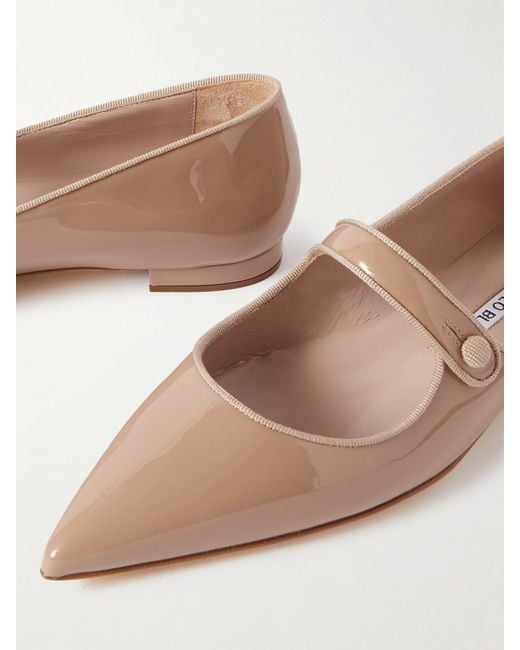 Manolo Blahnik Natural Campari Grosgrain-Trimmed Patent-Leather Ballet Flats
