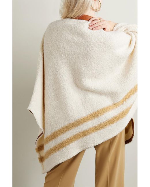 Loro Piana White Leather-Trimmed Striped Alpaca-Blend Bouclé Poncho