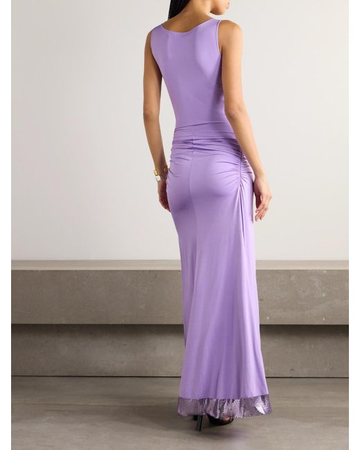 Rabanne Purple Chainmail-Trimmed Ruched Satin-Jersey Maxi Dress