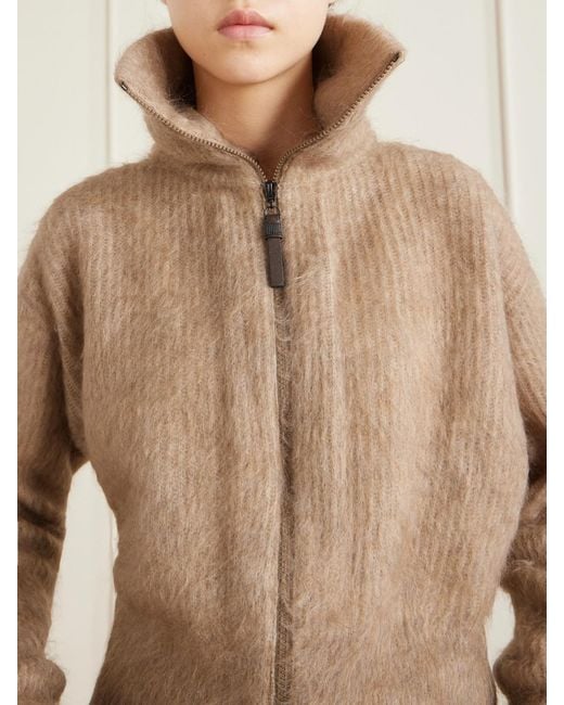 Brunello Cucinelli Natural Ribbed Brushed-Knit Zip-Up Cardigan