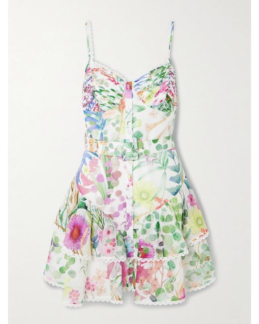 Charo Ruiz White Nayade Belted Pleated Floral-Print Cotton-Blend Voile Mini Dress