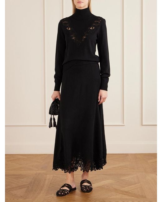 Zimmermann Black Valiant Lace-Trimmed Wool Midi Skirt