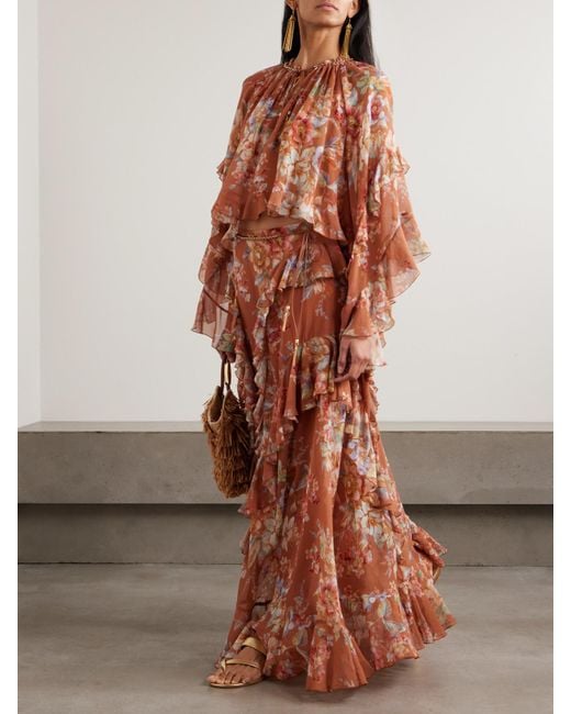 Zimmermann Brown Awaken Belted Ruffled Floral-Print Cotton And Silk-Blend Crepe De Chine Maxi Skirt