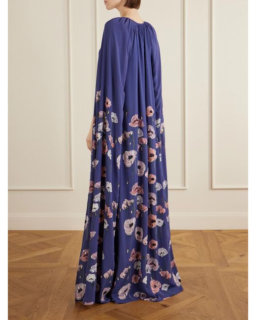BERNADETTE Blue Minnie Cape-Effect Sequin-Embellished Embroidered Crepe Gown