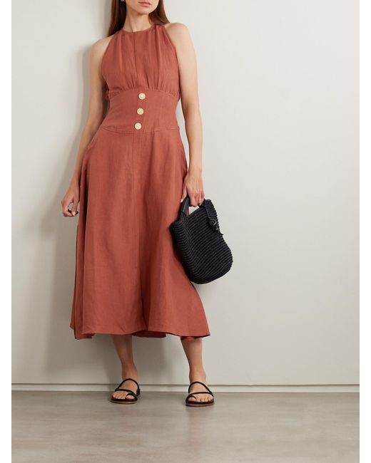 LeKasha White Jesmah Open-Back Embellished Linen Midi Dress