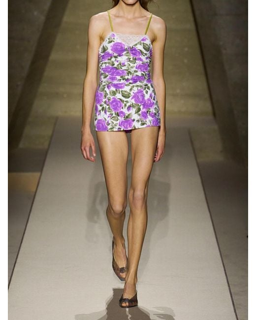 Chloé Pink Bow-Detailed Ruched Lace-Trimmed Floral-Print Swimsuit