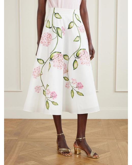 Oscar de la Renta Natural Porcelain Floral-Print Stretch Cotton-Poplin Midi Skirt