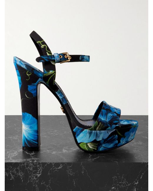Dolce & Gabbana Blue Floral-Print Crepe Platform Sandals