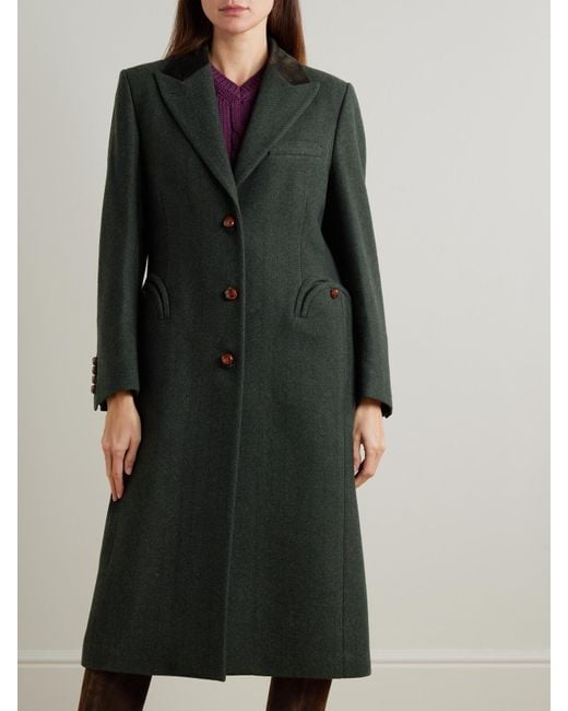 Blazé Milano Green Heck Wollmantel Mit Fischgratmuster Und Besätzen Aus Satin