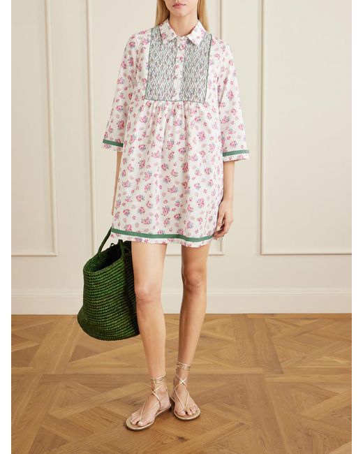 Loretta Caponi Multicolor Alassio Shirred Embroidered Floral-Print Cotton-Poplin Mini Dress