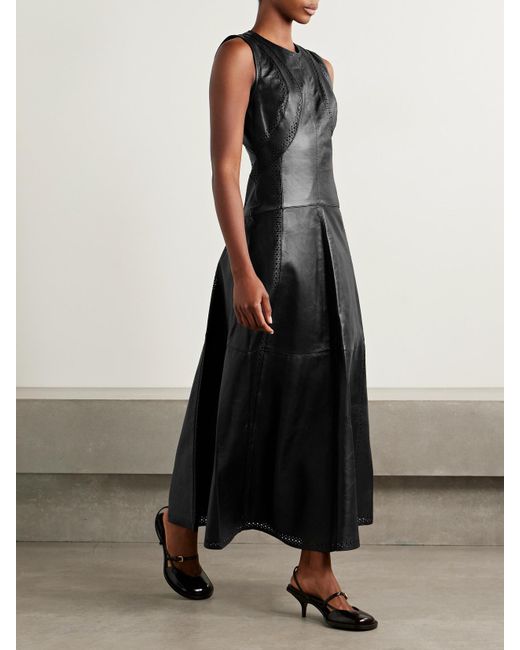 Ulla Johnson Black Juliette Perforated Paneled Leather Maxi Dress