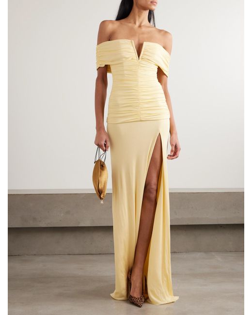 Rebecca Vallance Natural Zaley Off-The-Shoulder Ruched Jersey Gown