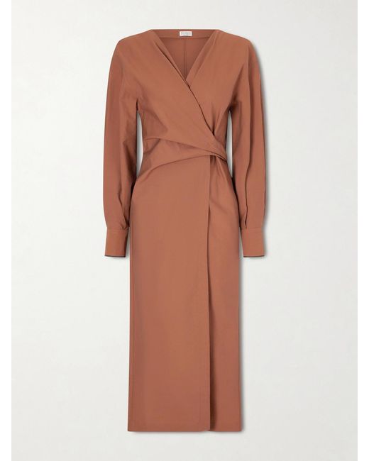 Brunello Cucinelli Brown Embellished Cotton-Blend Midi Wrap Dress
