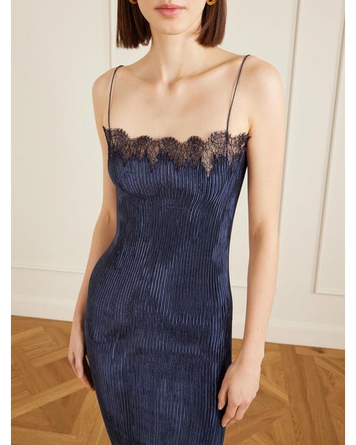 FFORME Blue Lumi Lace-Trimmed Plissé Midi Dress