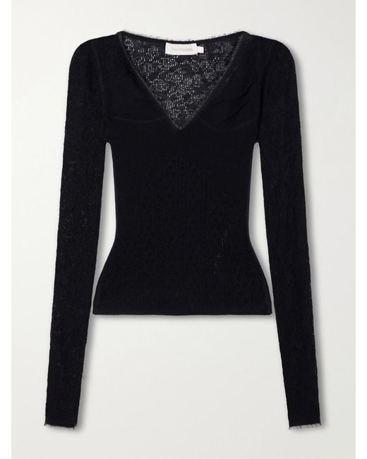 Zimmermann Black Pointelle Merino Wool-Blend Lace Top