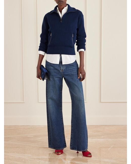 Victoria Beckham Blue Milano Merino Wool And Cashmere-Blend Half-Zip Sweater