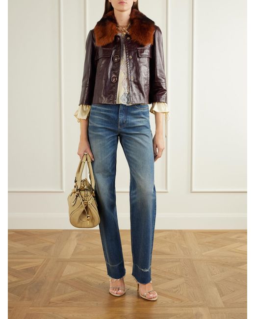 Chloé Brown Cropped Shearling-Trimmed Leather Jacket