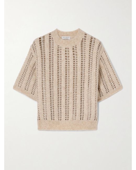 Brunello Cucinelli Natural Sequin-Embellished Open-Knit Wool And Mohair-Blend Sweater