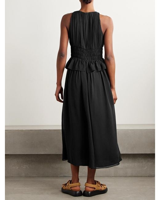 Ulla Johnson Black Adeline Shirred Silk Crepe De Chine Peplum Midi Dress