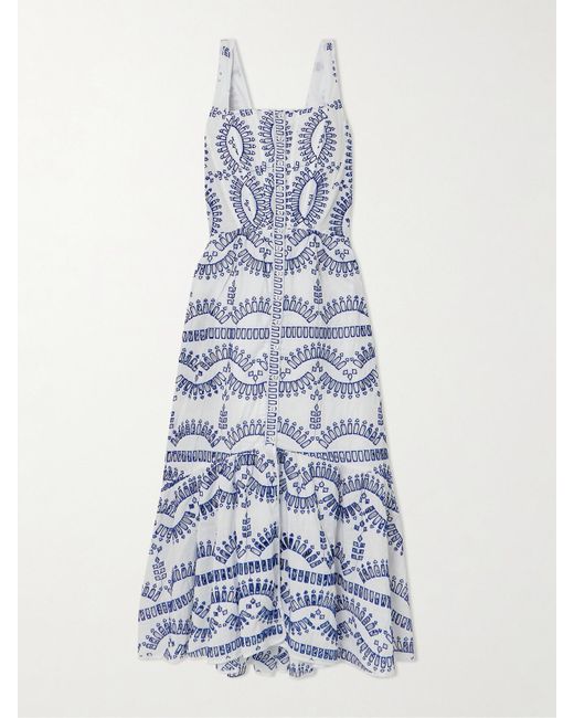 Charo Ruiz Blue Nissy Smocked Scalloped Broderie Anglaise Cotton-Blend Midi Dress