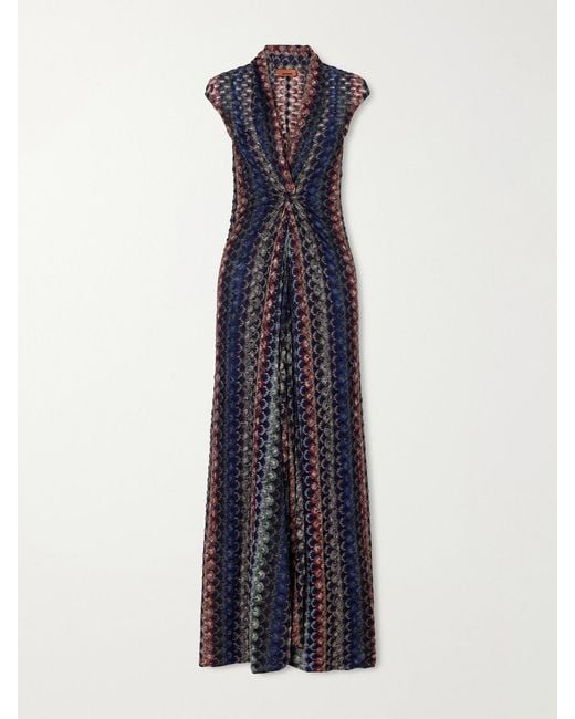 Missoni Blue Gathered Striped Crochet-Knit Maxi Dress