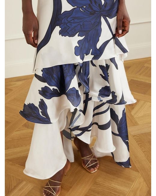 ANDRES OTALORA White Inoportuna Printed Ruched Ruffled Satin Maxi Dress