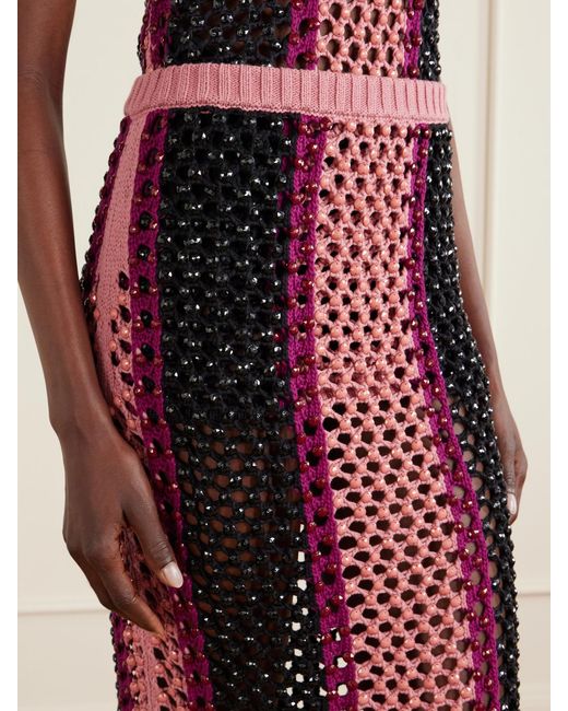 DIOTIMA Red Spice Crystal-Embellished Striped Crocheted Cotton-Blend Midi Skirt