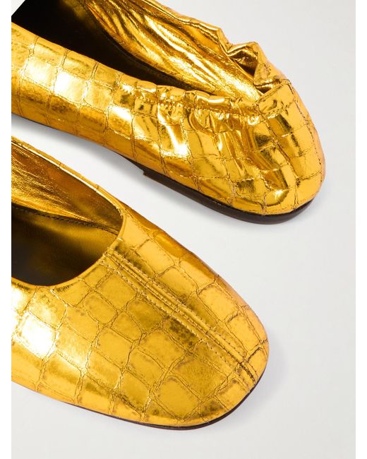 Dries Van Noten Yellow Metallic Croc-Effect Leather Ballet Flats