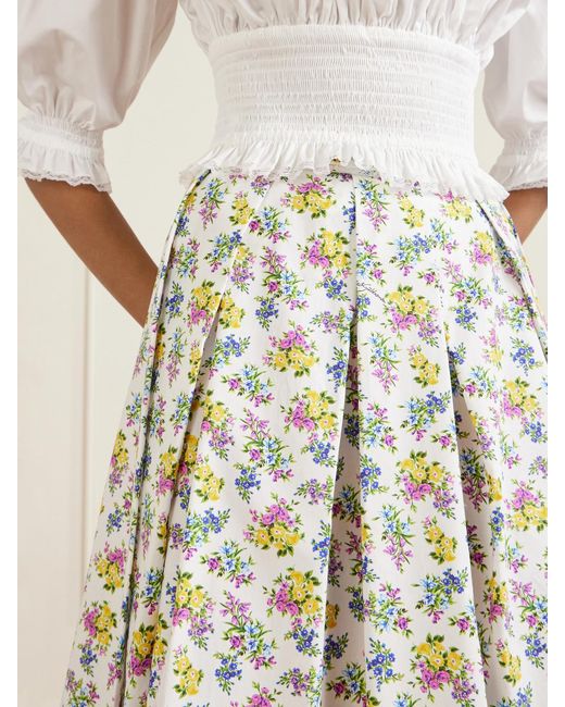 Dolce & Gabbana White Pleated Floral-Print Cotton-Poplin Midi Skirt