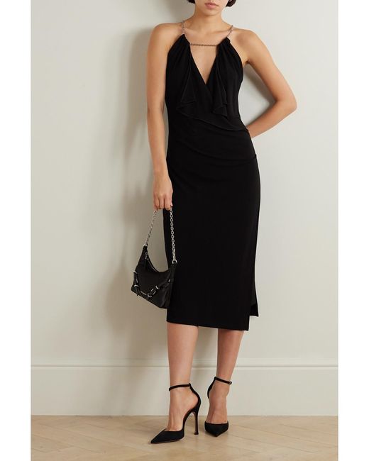 Givenchy Black Chain-Embellished Ruffled Crepe De Chine Midi Dress