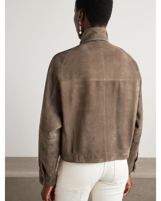 Brunello Cucinelli Brown Cropped Bead-Embellished Suede Jacket